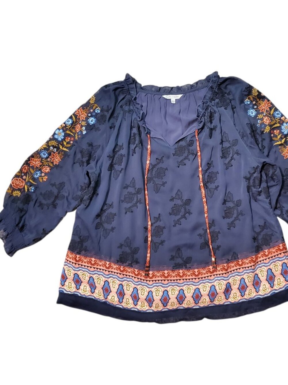 Blue Embroidered Peasant Blouse with Floral Print - Large